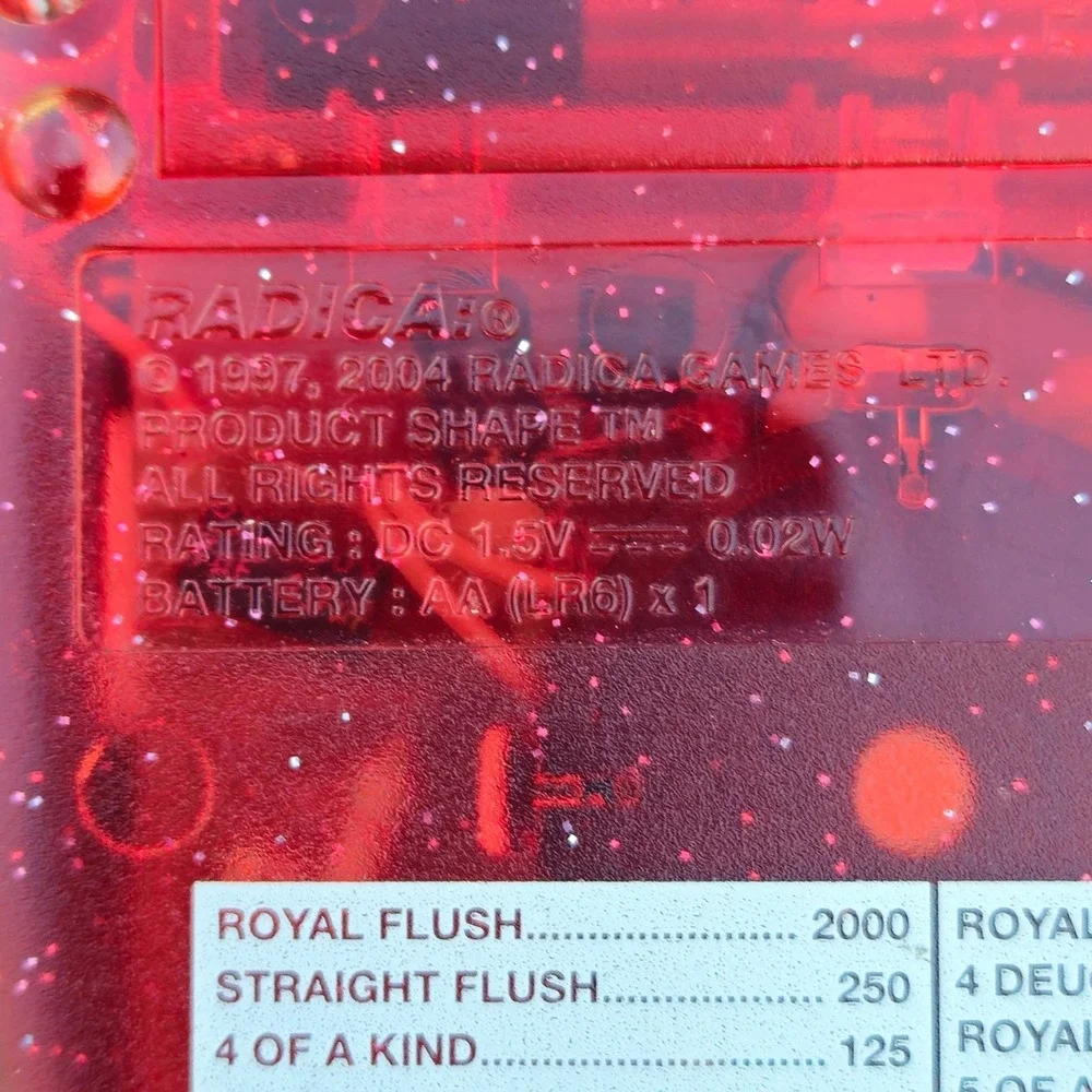 Radica Pocket Poker‎ Handheld Electronic Game Translucent Red Glitter 2004 VTG